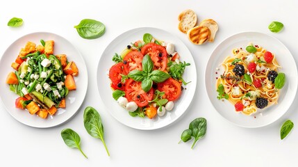 Three different plated dishes featuring fresh vegetables, pasta, and fruits, displayed on a white background with scattered spinach leaves and toasted bread