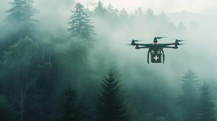 Drone carrying medical delivery box flying in misty forest