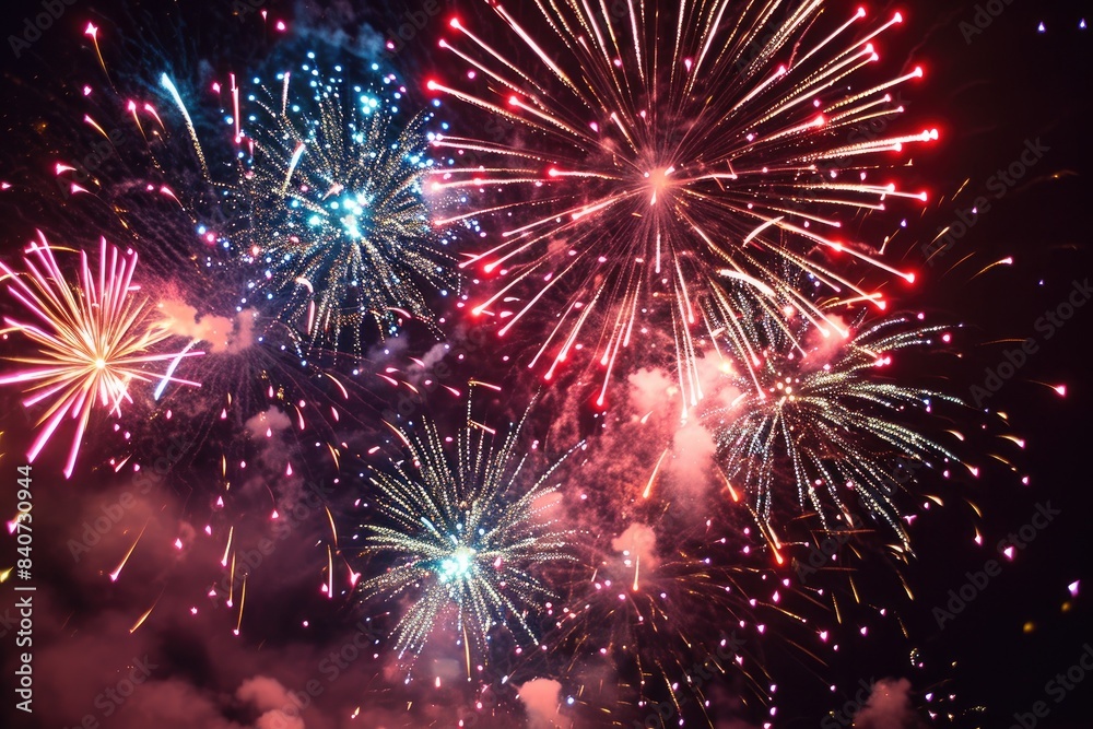 Poster bright, sparkling firework explosion, captivating scene of fireworks bursting into radiant patterns 