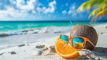 Sunglasses and coconut with drink on the beach. summer day concept