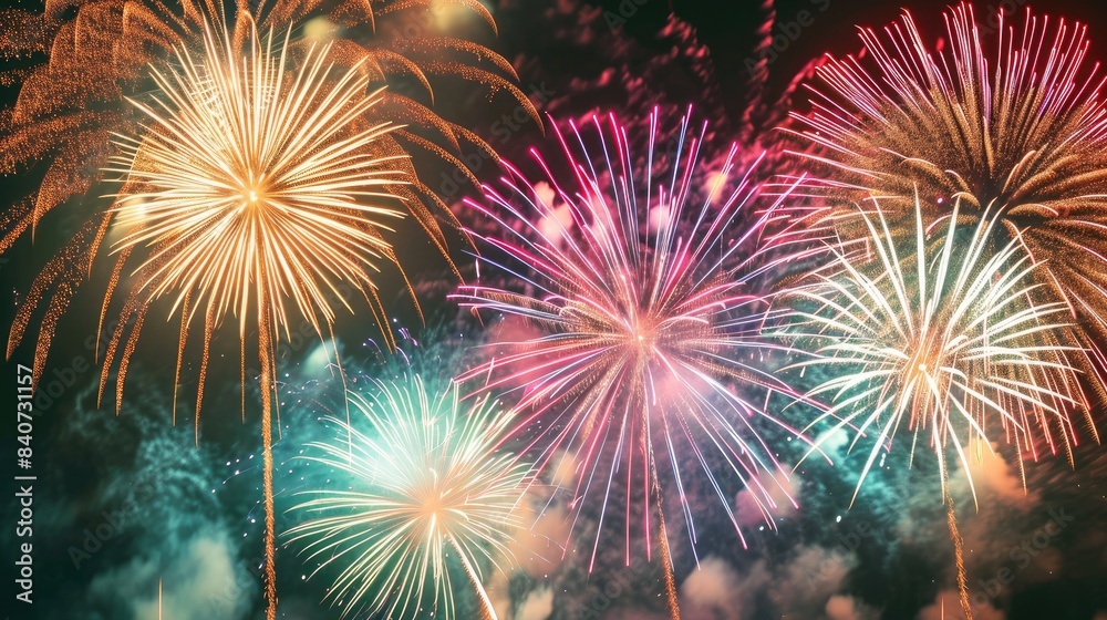 Poster Bright, exploding fireworks; sparkling lights., captivating scene of fireworks bursting into radiant patterns against the canvas of a dark night