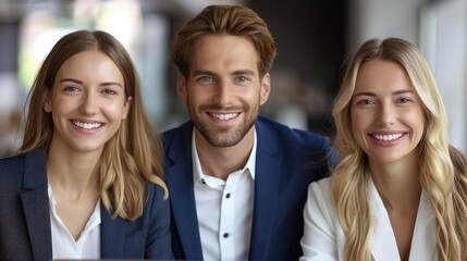 Fototapeta premium Three smiling professionals, two women and one man, pose confidently in a modern office setting