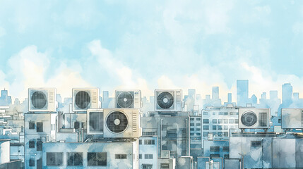 Wide-angle shot of a city skyline with numerous air conditioning units on rooftops, illustrating high summer electricity consumption, watercolor illustration 
