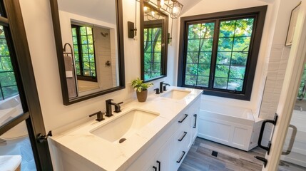 modern master bathroom adorned with an elegant black metal rectangular framed mirror, casting reflections against pristine white walls in a minimalist oasis of tranquility.