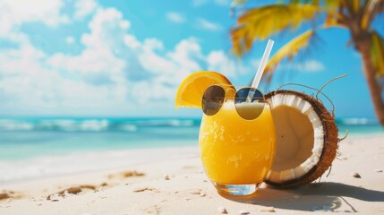 Obraz premium Sunglasses and coconut with drink on the beach. summer day concept