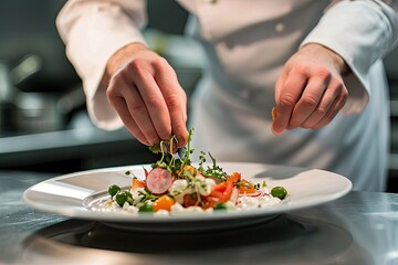 Chef pouring sauce on dish, chef creating a culinary masterpiece with unusual ingredients