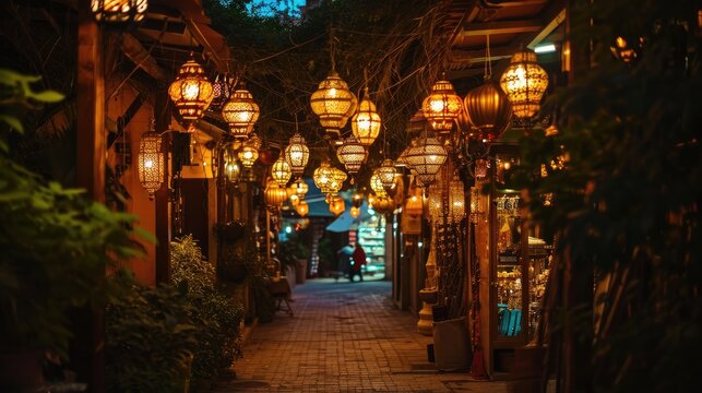 Elegant hanging street lanterns, charming street with hanging lanterns, conveying the cultural spirit of Ramadan