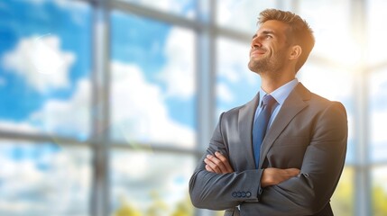 A man in a suit stands with his arms crossed, looking upwards through a window with a confident smile