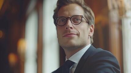 Fototapeta premium A man in a suit looks out a window, contemplating the future