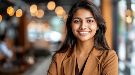 Obraz premium A young woman smiles confidently, her face glowing in the soft light of the city at dusk