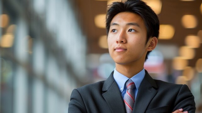 A young man in a suit stands confidently, his eyes fixed on a distant point, lost in thought