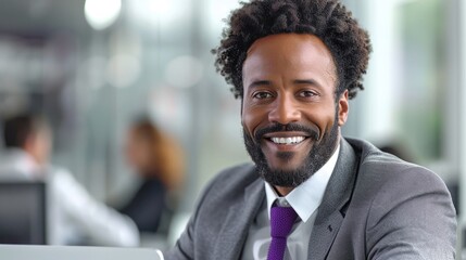 Fototapeta premium A businessman in a grey suit looks confidently at the camera with a wide smile