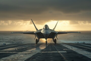 F-22 Raptor landing on aircraft carrier at sunset, military power display