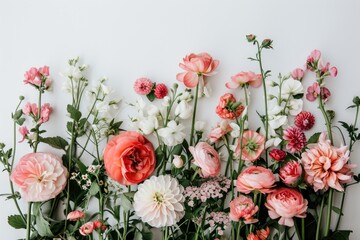 Colorful assorted fresh flowers, collection of beautifully arranged flowers in a random bunch, perfect for a white backdrop