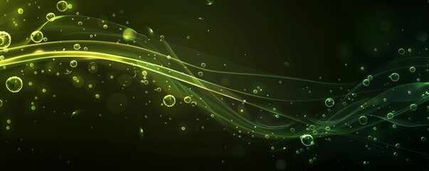 Fototapeta premium Glowing curved line with bubbles on a dark background, abstract green light pattern