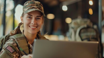 Female soldier in uniform using a laptop while sitting at a cafe
