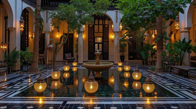 Ornate illuminated garden fountain, courtyard fountain surrounded by lanterns, reflecting the cultural beauty of Ramadan