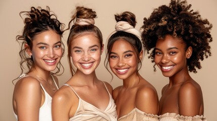 Four diverse women with bright smiles pose together in a studio portrait, showcasing natural beauty
