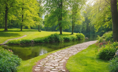 Naklejka premium Beautiful Colorful Summer-Spring Landscape Sunlit Lake in the Park with Green Trees and Stone Path