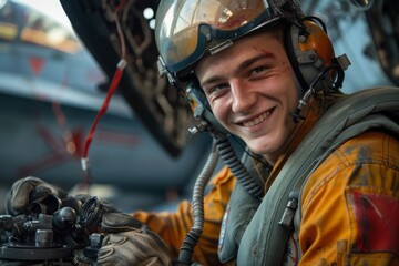 Professional mechanic in uniform refueling a fighter jet with precision and care