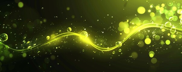 Glowing curved line with bubbles on a black and green background