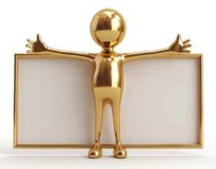 Golden man holding blank frame with open arms on white background