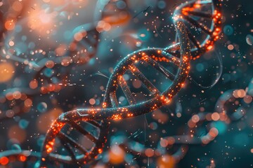 Close-up image of a glowing DNA strand amidst a vibrant, abstract background, representing genetic research and biotechnology innovation.