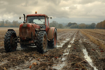 Old Tractor in Muddy Field on Rainy Day. An old red tractor in a muddy field on a rainy, overcast day.