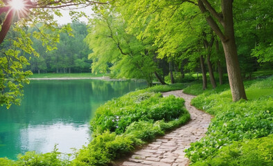 Beautiful Colorful Summer-Spring Landscape Sunlit Lake in the Park with Green Trees and Stone Path