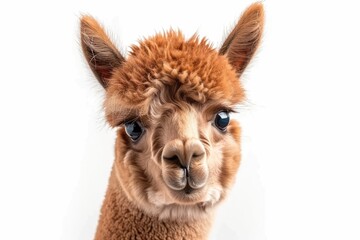 Fototapeta premium Fluffy baby alpaca with a curious expression isolated on white background