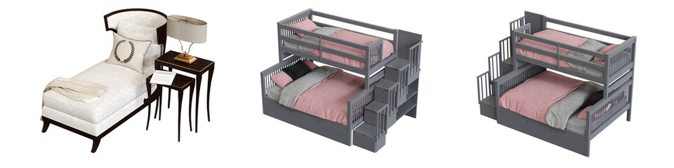 double bed isolated on a transparent background, furniture for the bedroom interior, 3D illustration, cg render
