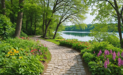 Obraz premium Beautiful Colorful Summer-Spring Landscape Sunlit Lake in the Park with Green Trees and Stone Path