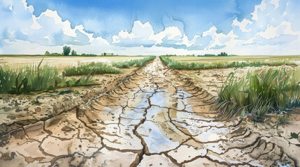 Wide-angle view of a dried-up irrigation canal with cracked earth and abandoned farmland, symbolizing the grain crisis, watercolor illustration 