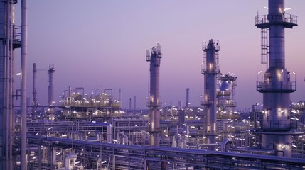 Obraz premium an oil and gas production plant at dusk, where towering stacks and intricate pipes are bathed in the warm glow of the setting sun, painting a scene of formidable beauty amidst the mechanical expanse.