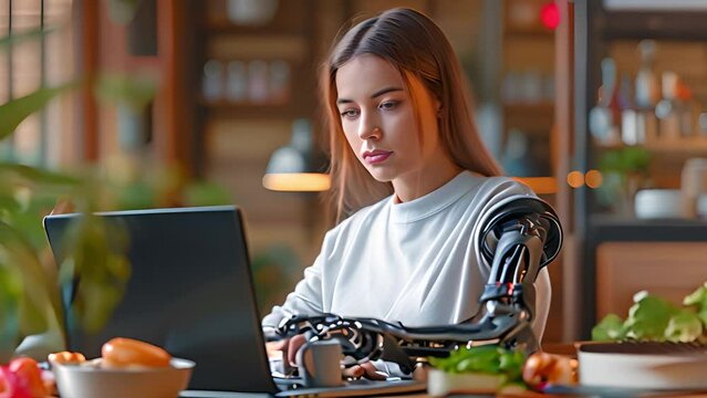 Happy black bionic-armed woman enjoying a nutritious meal while using her laptop to view a video at the table