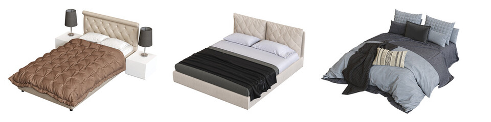 double bed isolated on a transparent background, furniture for the bedroom interior, 3D illustration, cg render
