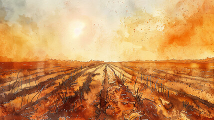 Wide-angle view of a horizon with dead plantation fields stretching out under a harsh, glaring sun, watercolor illustration 