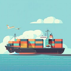 Trade vessel in global import-export flat design side view economic theme cartoon drawing Complementary Color Scheme