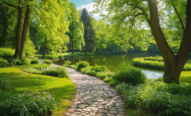 Beautiful Colorful Summer-Spring Landscape Sunlit Lake in the Park with Green Trees and Stone Path