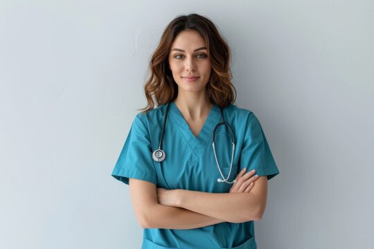 Confident female oncologist with folded arms in a hospital setting