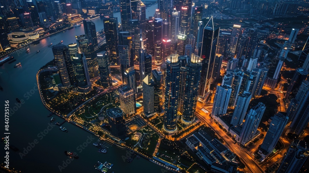 Poster glowing metropolitan skyline at twilight, aerial views providing a unique perspective of illuminated