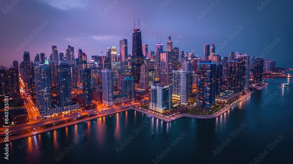 Poster glowing metropolitan skyline at twilight, aerial views providing a unique perspective of illuminated