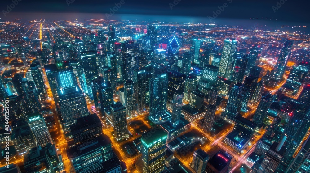 Poster glowing metropolitan skyline at twilight, aerial views providing a unique perspective of illuminated