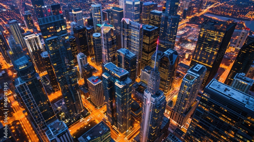 Poster glowing metropolitan skyline at twilight, aerial views providing a unique perspective of illuminated