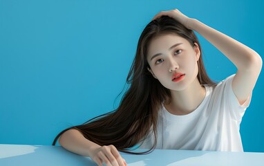 Fototapeta premium Beautiful young asian woman with perfect skin on blue background. Cosmetology, beauty and cosmetic. Skin care concept. Model touching facial skin. Studio portrait with copy space, advertising, banner
