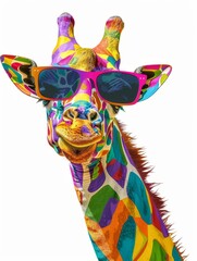 Cartoon colorful giraffe with sunglasses on white background. Created with generative AI hyper realistic 