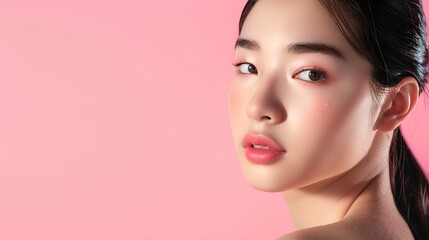 Fototapeta premium Beautiful young asian woman with perfect skin on pink background. Cosmetology, beauty and cosmetic. Skin care concept. Banner with copy space