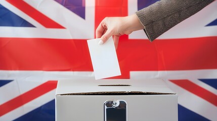A hand places a ballot paper into a ballot box during a United Kingdom election, with a British Union Jack flag in the background.