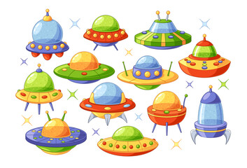 Vibrant Cartoon Set Of Flying Saucers In Various Colors And Designs Isolated On White Background. Colorful Whimsical Ufo
