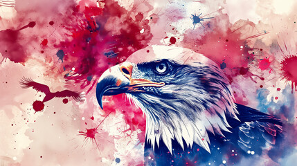 festive watercolor splash background with USA Independence Day symbols like flags, eagles, and fireworks 